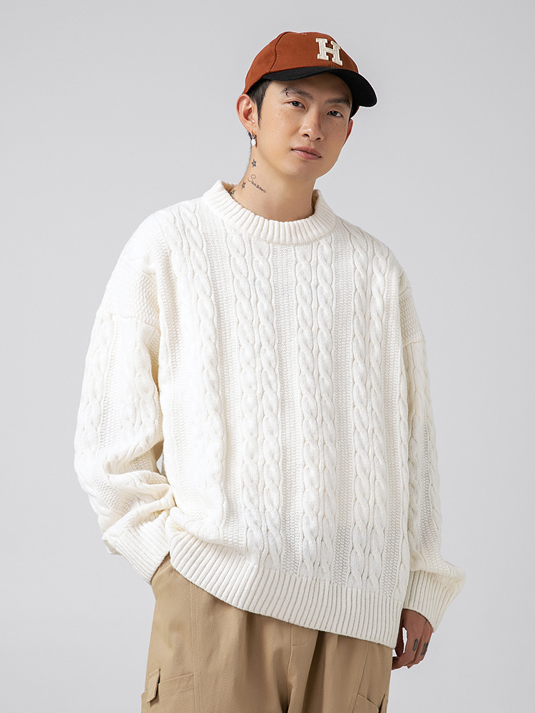 Hanlu Japanese men's cable-knitted solid color round neck sweaters for men and women in autumn and winter loose retro knitted sweater jackets