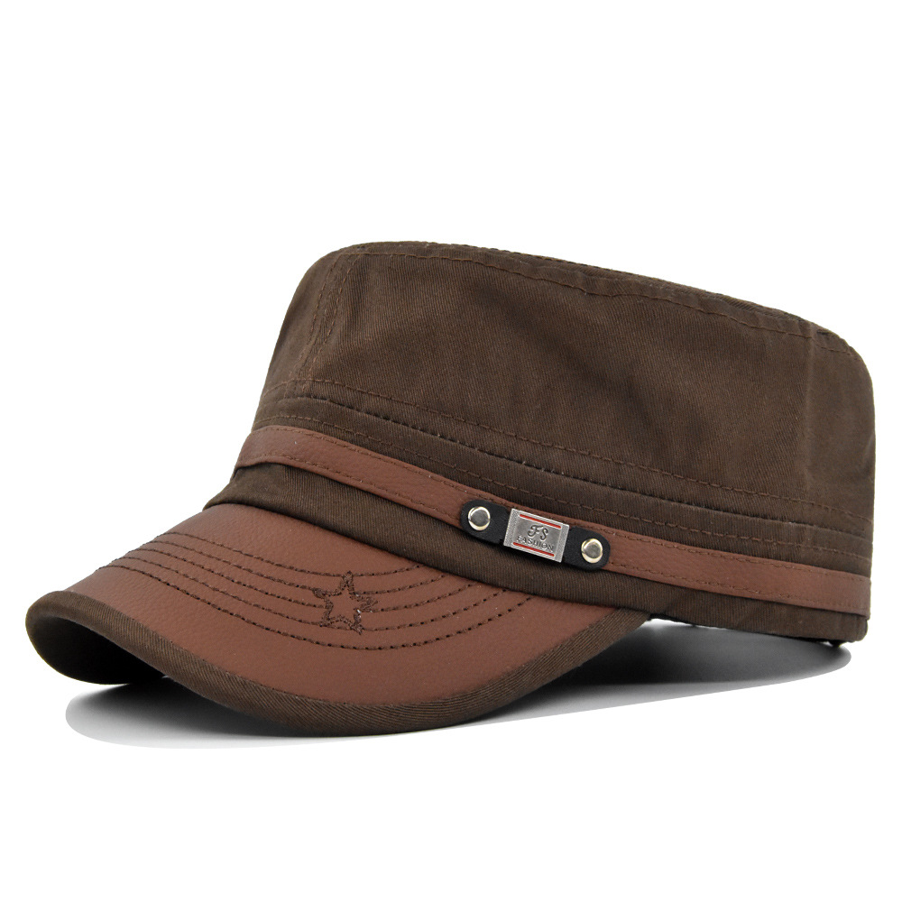 Flat cap cap men's leather hat brim hat Ba embroidered five-pointed star hat curved eaves leisure mountaineering sun hat