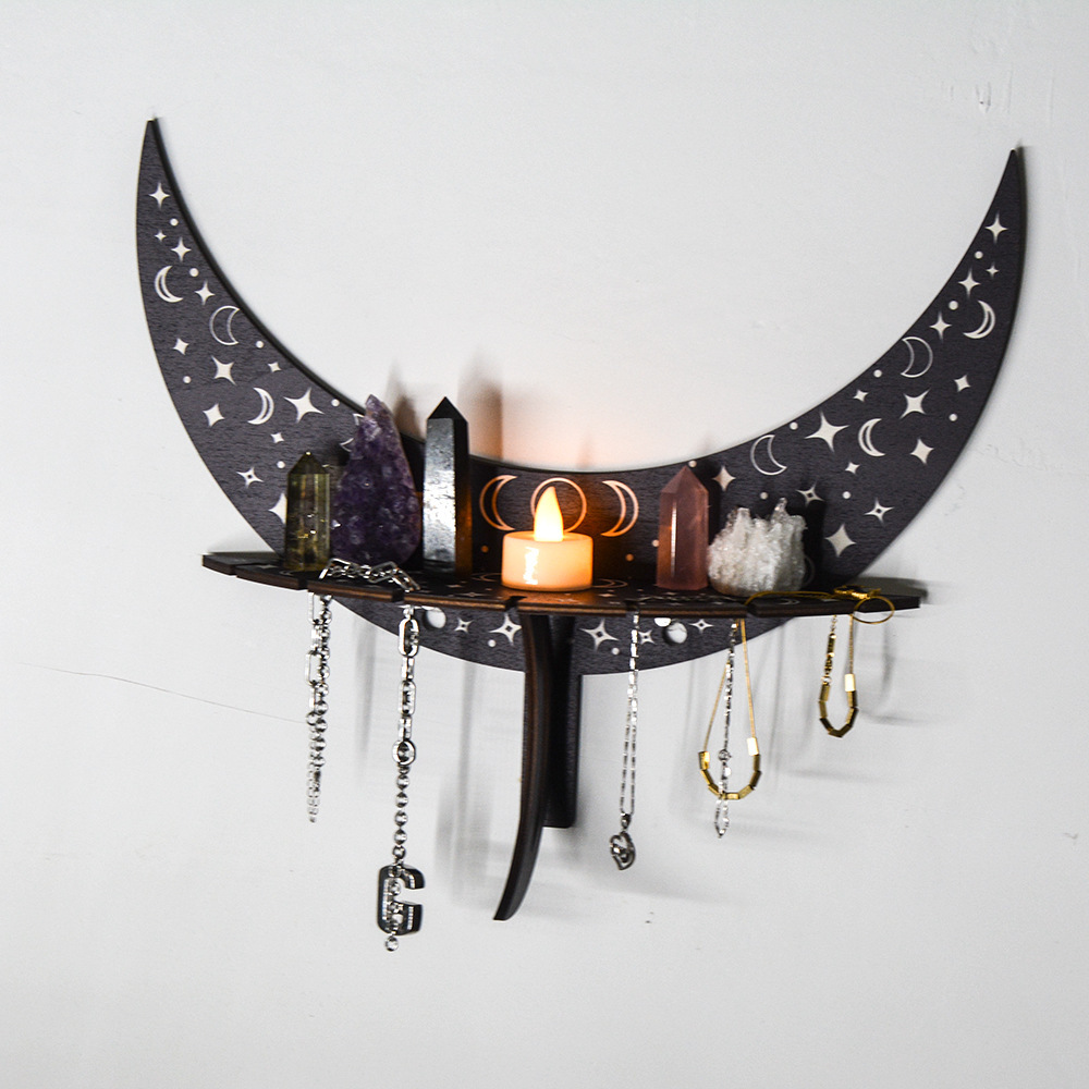 MZ241 Bohemian BOHO Moon Phase Crescent Three-dimensional Wooden Crystal Storage Rack Jewelry Candlestick Display Rack