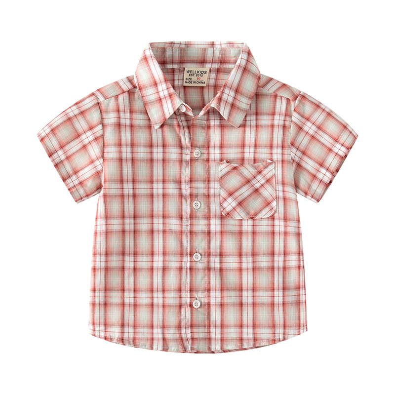 Summer Outdoor Travel Casual Shirt Boy's Lapel Plaid Shirt Cotton Comfortable Children's Short Sleeve Shirt
