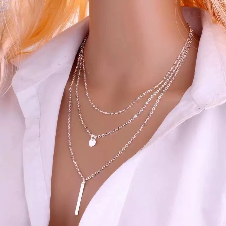 Europe and the United States cross-border new fashion clip bead chain multi-layer necklace simple round piece metal rod pendant clavicle chain