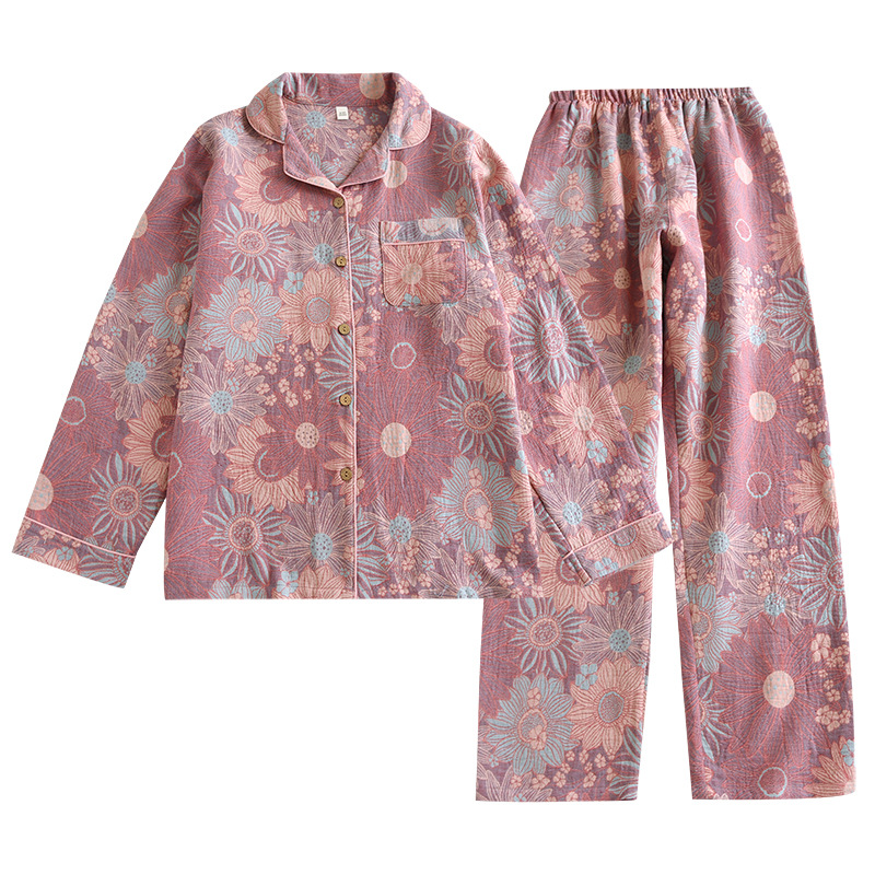 Retro printed pajamas women's spring and autumn yarn-dyed cotton gauze double-layer thin loose long sleeve home wear suit