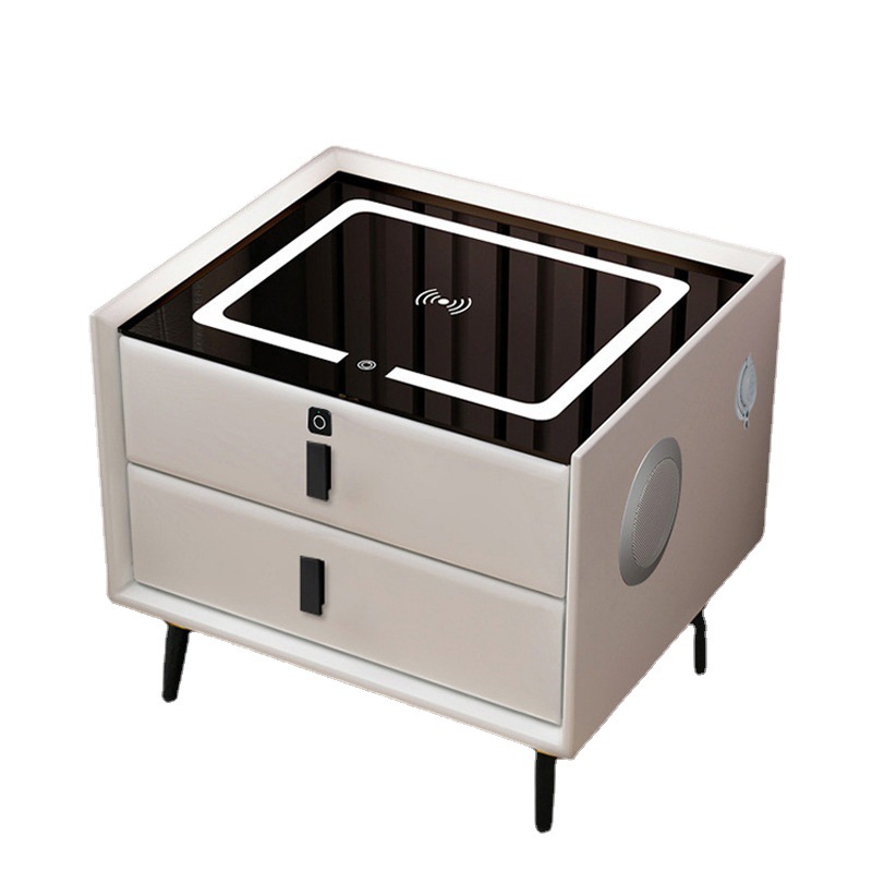 Solid Wood Smart Bedside Table Minimalist Modern Light Luxury Leather Two-pump Wireless Charging Bluetooth Audio Fingerprint Lock
