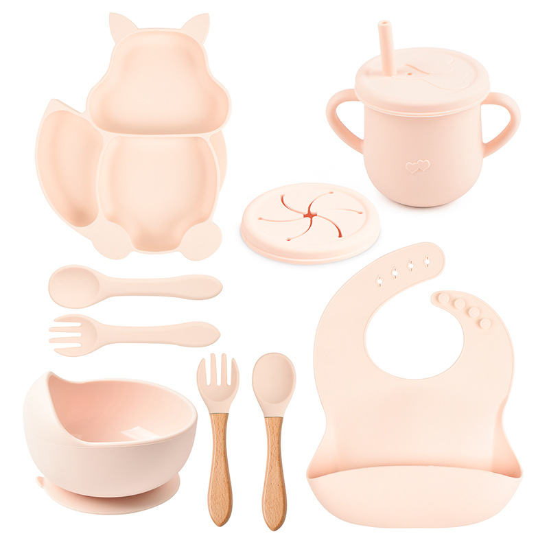 Spot Squirrel Silicone Tableware Baby Silicone Food Supplemental Set Baby Fork Spoon Integrated Silicone Dinner Plate Set