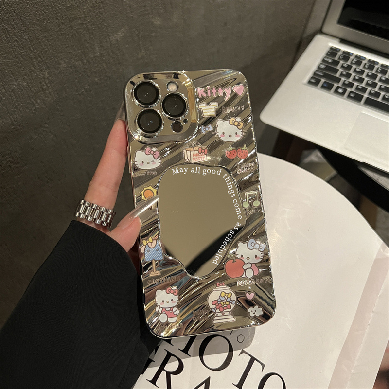 小眾鏈條KT貓適用iPhone15/14promax化妝鏡手機殼蘋果13/12/11軟x
