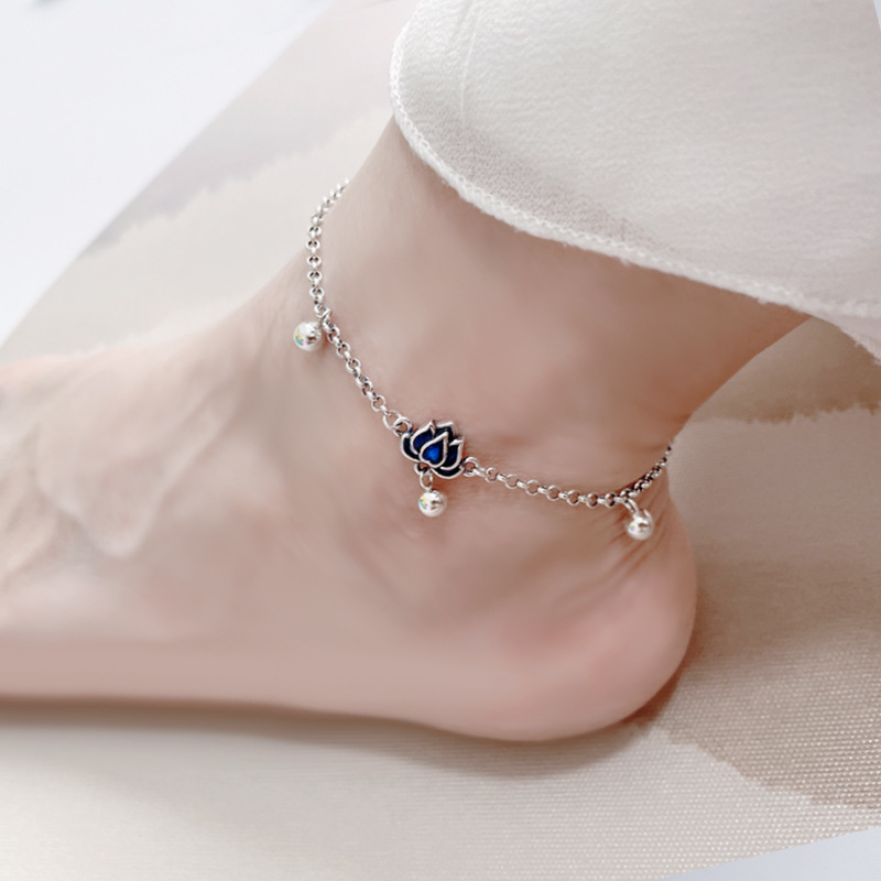 s925 Sterling Silver Blue Lotus Anklet Female Bell Foot Rope Original Design Retro Art Ancient Style Transfer Beads Foot Jewelry