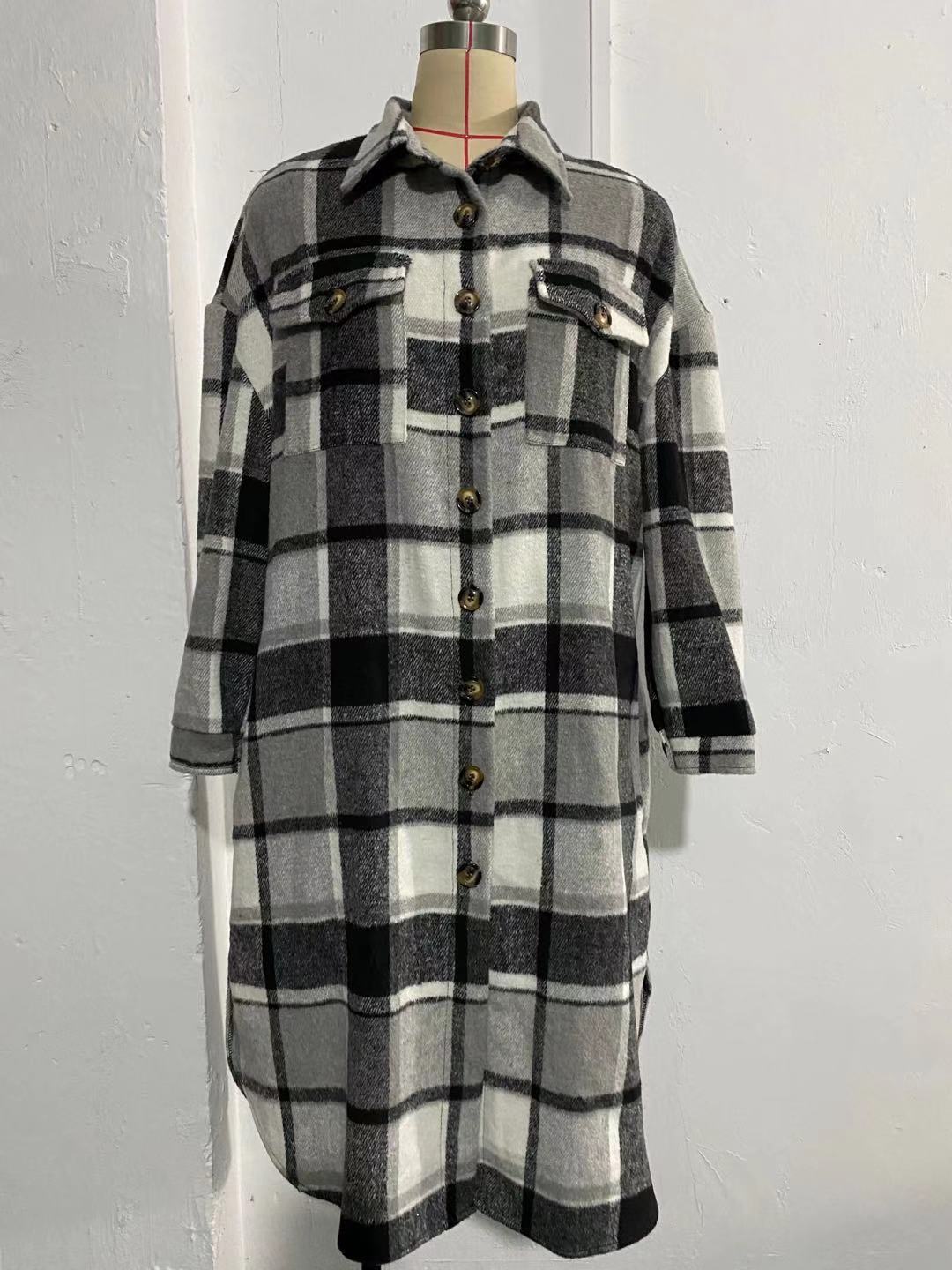 2021 Europe and America Cross-border Autumn and Winter New Women's Large Size Long Split Woolen Plaid Coat Coat_voghion.com