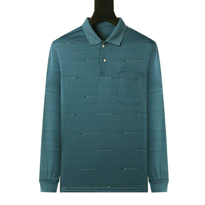 2023 New Men's Large Size Long-sleeved T-shirt Autumn Middle-aged and Elderly Men's Lapel Top Dad's Loose Base Shirt
