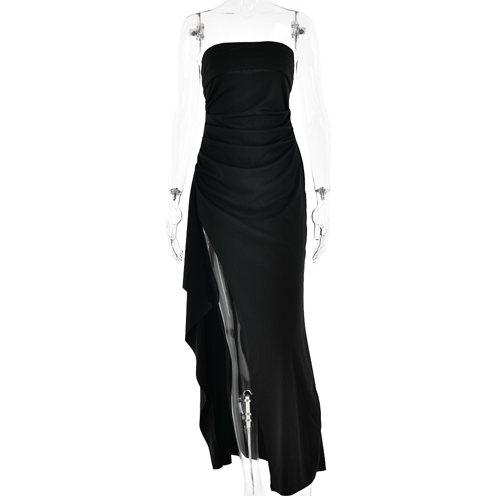 Amazon wish evening dress women's off-neck tube top dress fashion sexy backless high slit long dress autumn