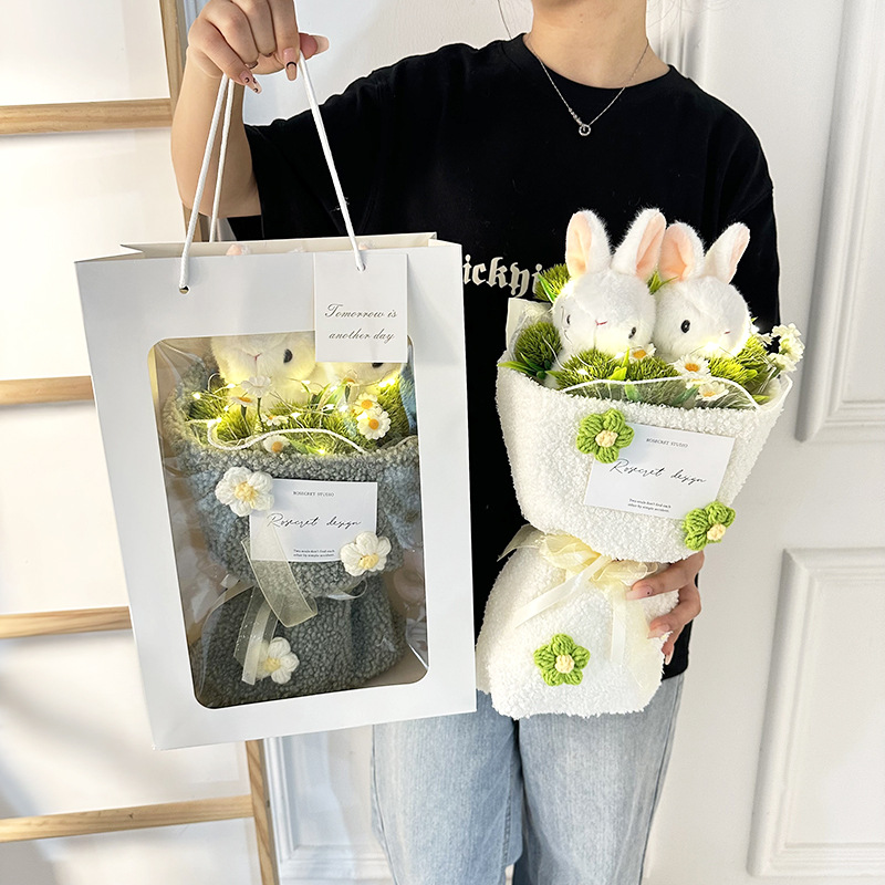 Online celebrity rabbit grass-eating doll plush bouquet Valentine's Day hand-woven bouquet with light for girlfriend