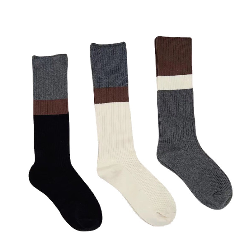 Japanese gray black and white stitching double needle calf socks for men and women autumn cotton long tube knee socks slimming piled socks ins