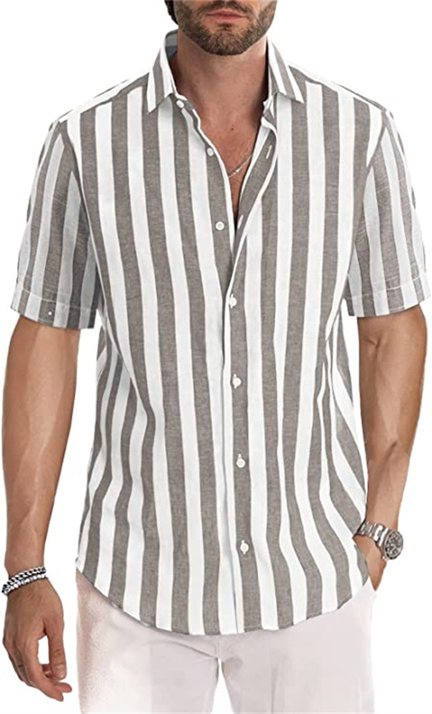 Amazon New Fashion men's short sleeve striped lapel shirt spring and autumn shirt source factory