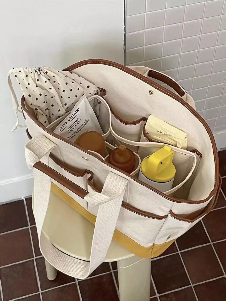 Korean-style Niche Patchwork Canvas Bag Large Capacity Multi-compartment Portable Mother and Baby Mummy Bag Practical Commuter Tote Bag_voghion.com