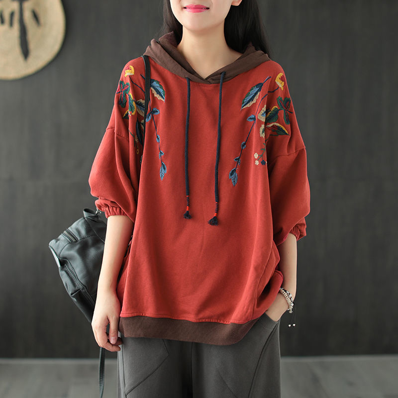 Cotton Hooded embroidered plus size sweater early autumn 2024 New retro artistic loose pullover casual women's top