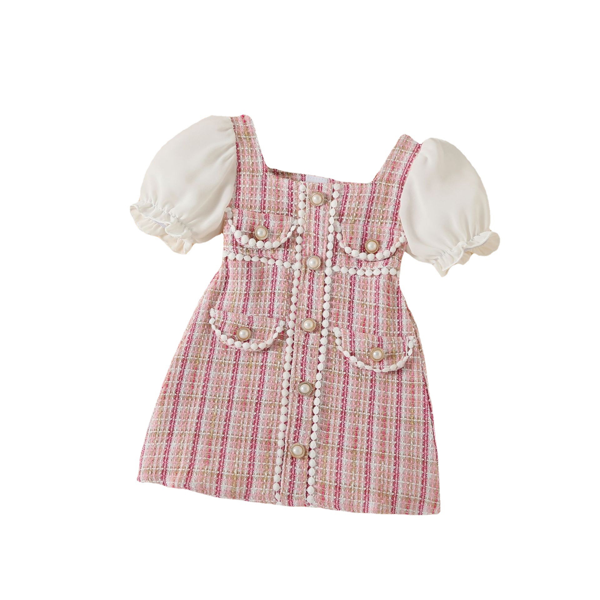 Baoxai Children's Wear Korean-style Childrens Twisted Plaid Pearl Buckle Small Hair Ball Decorative Chanel Puff Sleeve Dress