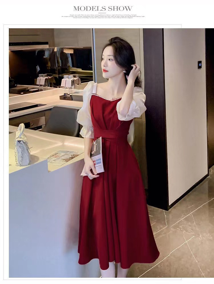Original in stock Sweet Dress dress Half Sleeve Summer Red Toast Dress Waisted Lace-up Slim Midi Dress