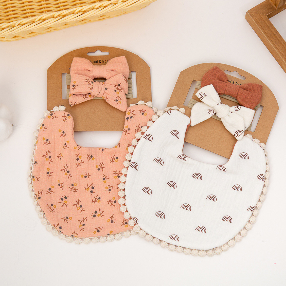Cross-border new baby printed bib double-layer gauze baby cotton bib children bow headband suit