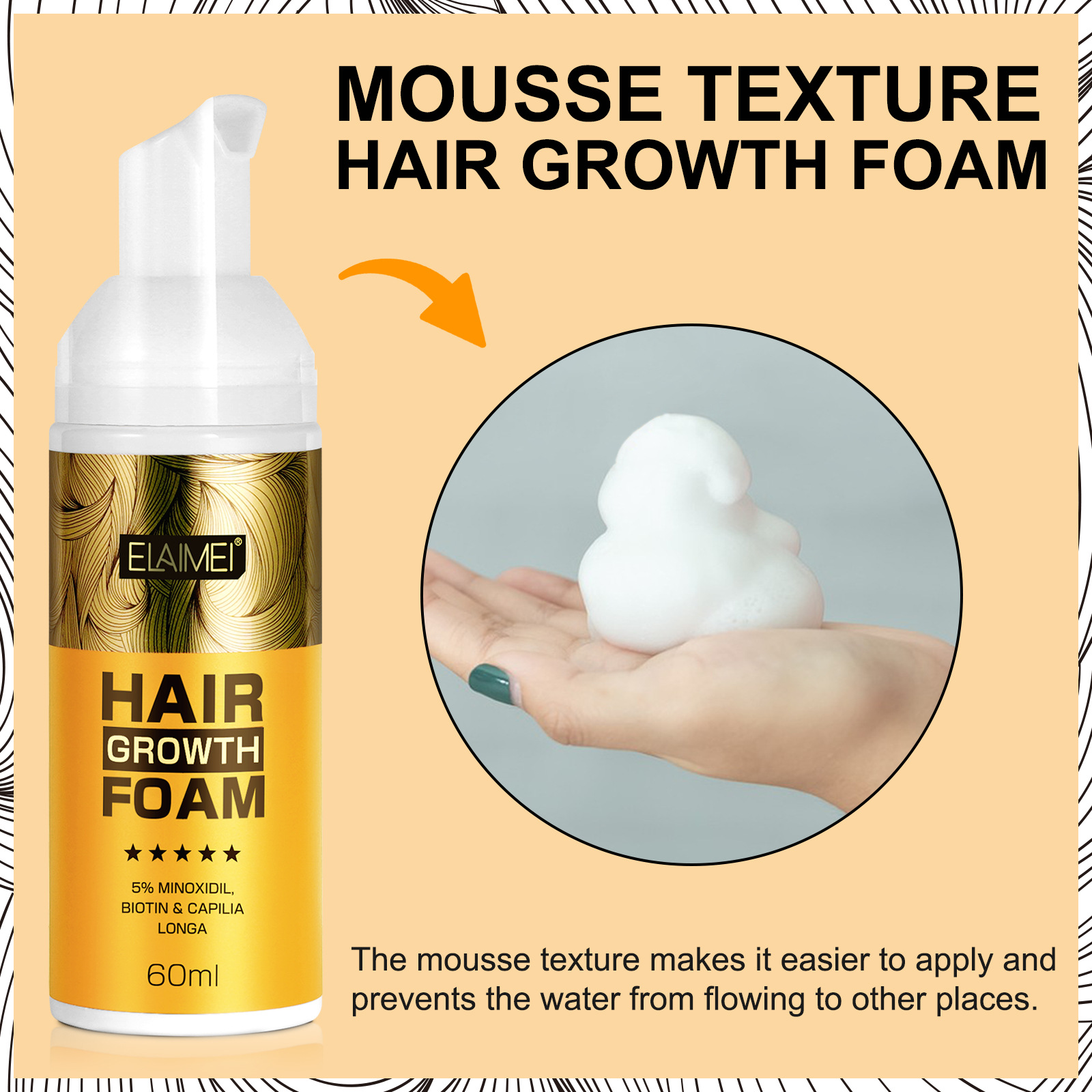 Cross-border ELAIMEI hair growth mousse dense hair growth moisturizing scalp anti-drop hair care 60ml