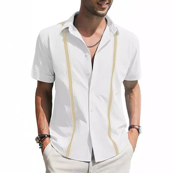 Amazon AliExpress Summer Men's Lapel Colorblock Short Sleeve Linen Shirt Cuban Shagua Abella Shirt