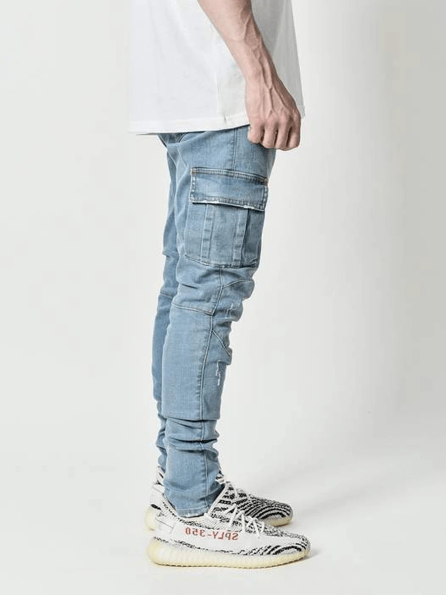 2021 spot Europe and the United States cross-border new jeans men's side pocket feet tight jeans a generation of hair