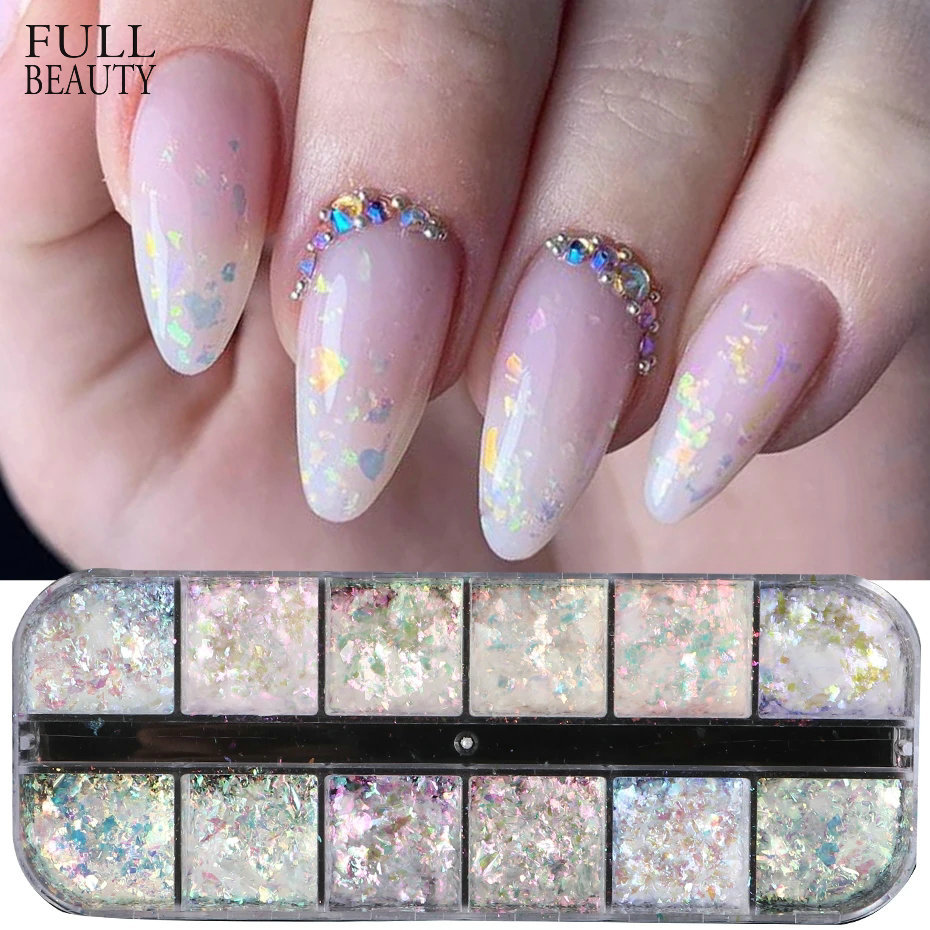 跨境新款美甲飾品 12格盒裝極光冰透幻彩雲錦粉指甲DIY飾品nail