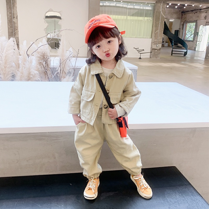 Spring and Autumn Girls' Suit Baby's Western Style Children's Personalized Trendy Brand Korean Style Internet Celebrity Workwear Jacket Jeans Two-Piece Set