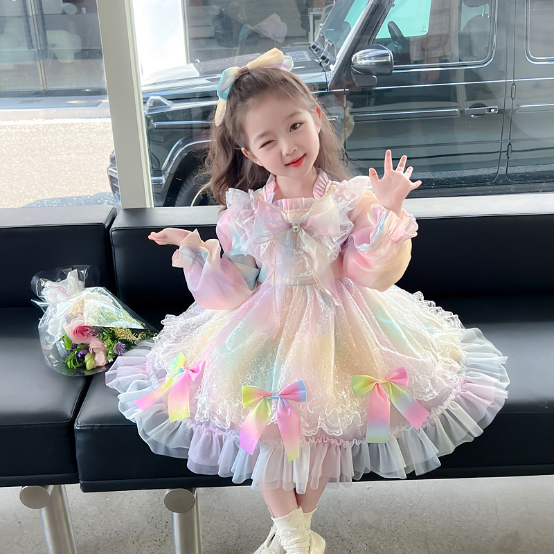 女童彩虹洛麗塔連衣裙2023新款秋裝寶寶長袖禮服裙女孩春秋公主裙