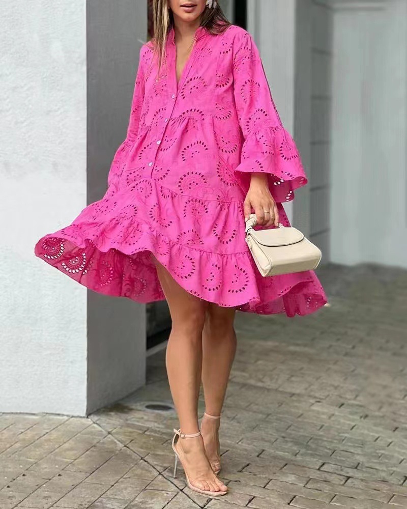 In stock 2023 European and American cross-border spring and summer Amazon solid color V-neck loose embroidery hollow lace dress