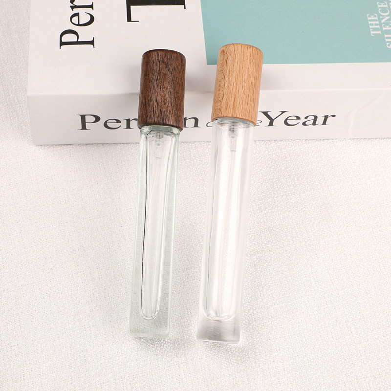 Perfume sub-bottle high-end portable 10ml glass spray bottle square cylindrical empty bottle walnut Beech cover
