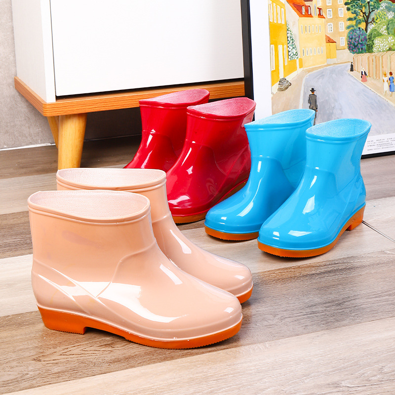 Non-slip fashion kitchen fleece-lined short rain boots Women's PVC tendon bottom solid color low tube women's water shoes wholesale