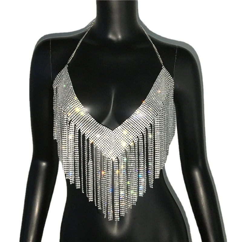 Amazon popular European and American women's metal rhinestone top sexy party hot girl suit rhinestone nightclub hot girl sling