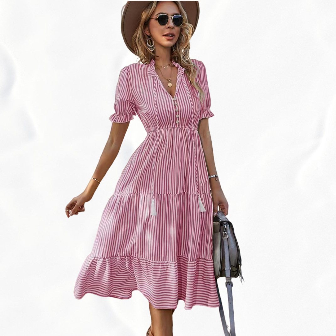 2023 women's striped dress V-neck elastic waist short sleeve big swing dress