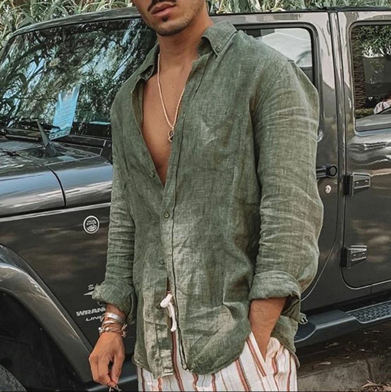 2023 foreign trade Europe and the United States cross-border Men's new wish men's long sleeve button cotton shirt lapel cardigan