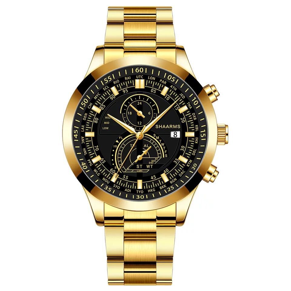 Factory wholesale atmospheric Simple Men's steel band watch simple scale quartz watch men's fake two eyes calendar men's watch
