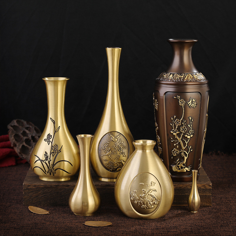 Pure Brass Ornaments Vase Carved Ornaments Mini Small Vase Desktop Decoration Copper Cylinder Antique Flower Metal Living Room