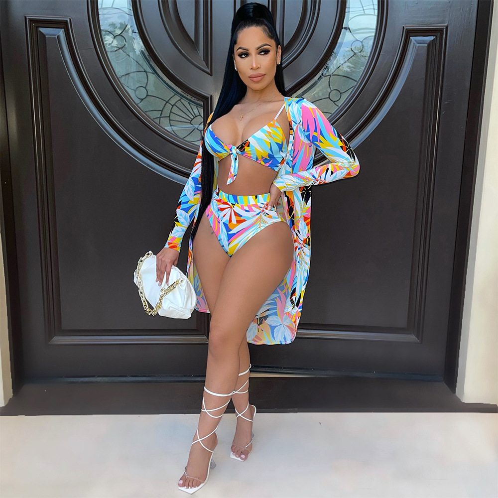 DY6991 Amazon European and American women's fashion sexy printed cloak bikini split swimsuit three-piece suit