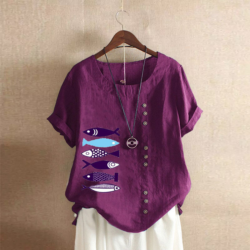 Summer 2025 Vintage plus size Casual Loose Cotton and Linen Short-sleeved Pullover T-shirt Cotton and Linen Women's plus size Women's Clothing Purple Fish