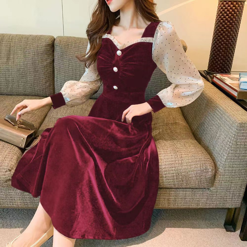 Velvet Dress Autumn and Winter Women's 2023 New Dress High-end Elegant Slim Hepburn Style Small Black Dress Long Dress