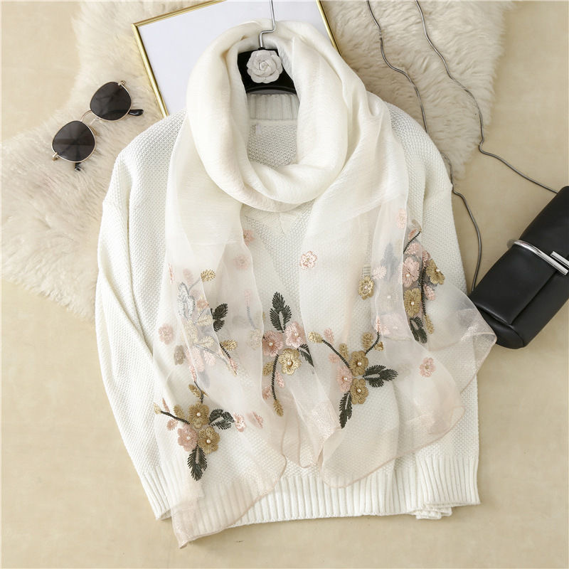 Silk scarf women's wool embroidered Begonia flower scarf long spring and autumn fashion middle-aged mom summer sun protection shawl