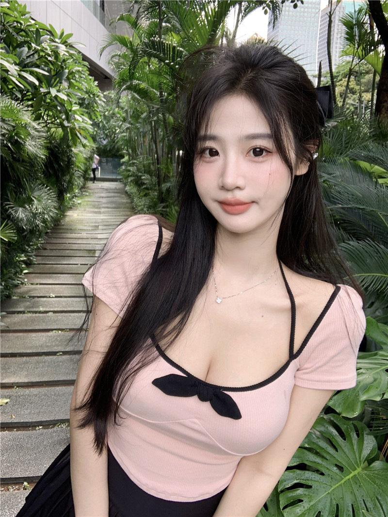 Pure Desire Bow U Neck Sexy Collarbone T-shirt Women's Summer Spice Girls Short-sleeved Top Short Low-cut Tight Base Shirt