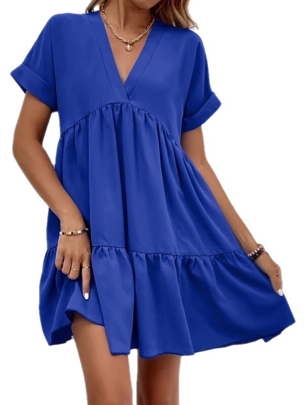 2023 European and American summer new women's clothing fresh sweet V-neck solid color large swing casual short skirt dress