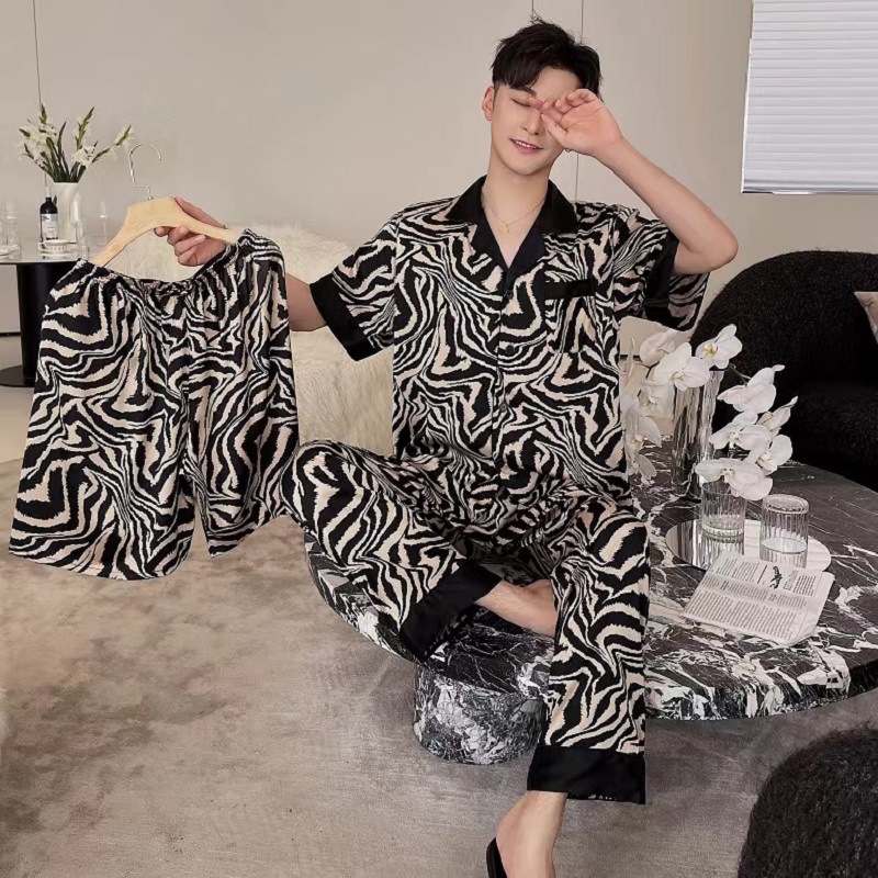 Ice Silk Couple Pajamas Suit Summer Silk Short-sleeved Shorts Trousers Three-piece Suit High-grade Horse Pattern Outer Wear Home Clothes