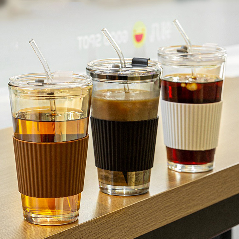 Aurora Coffee Cup Glass with Lidded Cup Portable Suction Tube Cup Summer High Value Milk Cup Water Cup Accompanying Cup