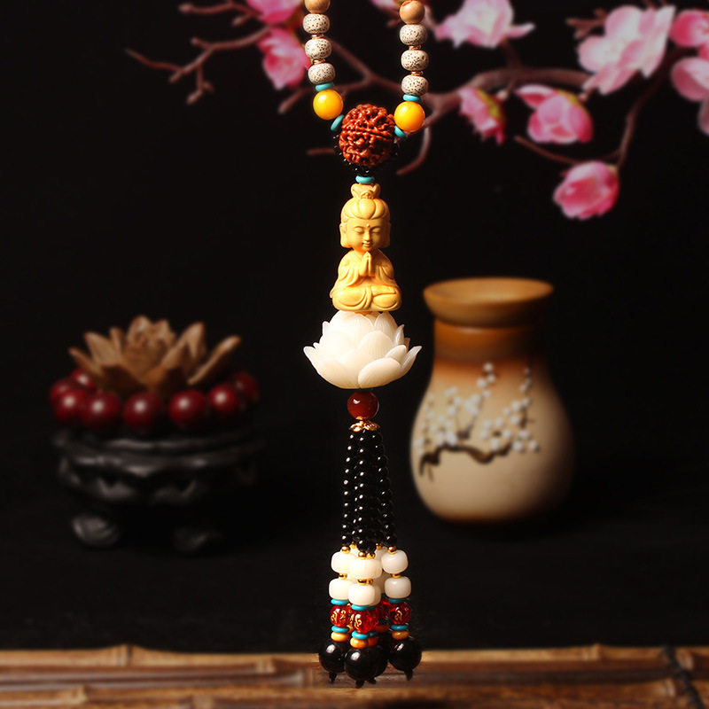 Guanyin Lotus Car Pendant Car Interior Rearview Mirror Hanging Decoration Safe Boxwood Maitreya Pendant Creative Wholesale