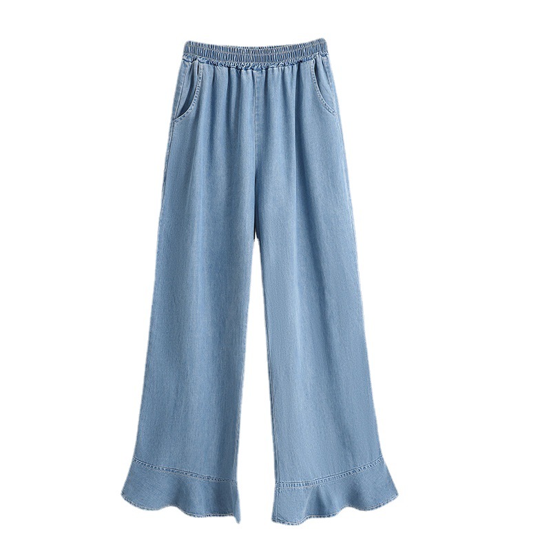 Real Shot Tencel Cotton Denim Wide Leg Pants Women's Thin Loose Casual Pants Slimming Ice Silk Flared Pants Cropped Trendy Pants