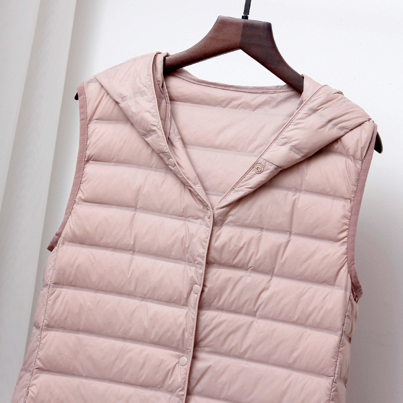 Down Vest Women's new mid-length slim fit fashionable hooded lightweight lightweight seamless adhesive cross-border white duck down vest