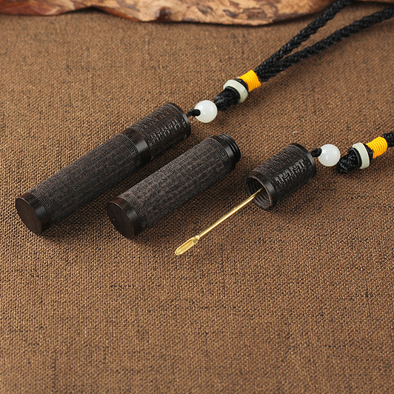 Factory supply Ebony carved snuff bottle solid wood with brass spoon lanyard snuff bottle experience wholesale