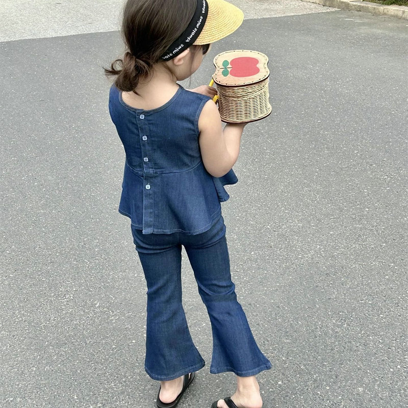 Girls' suit single-breasted Denim top plus flared pants 2024 Summer new foreign trade children's clothing Generation 3-8 years old