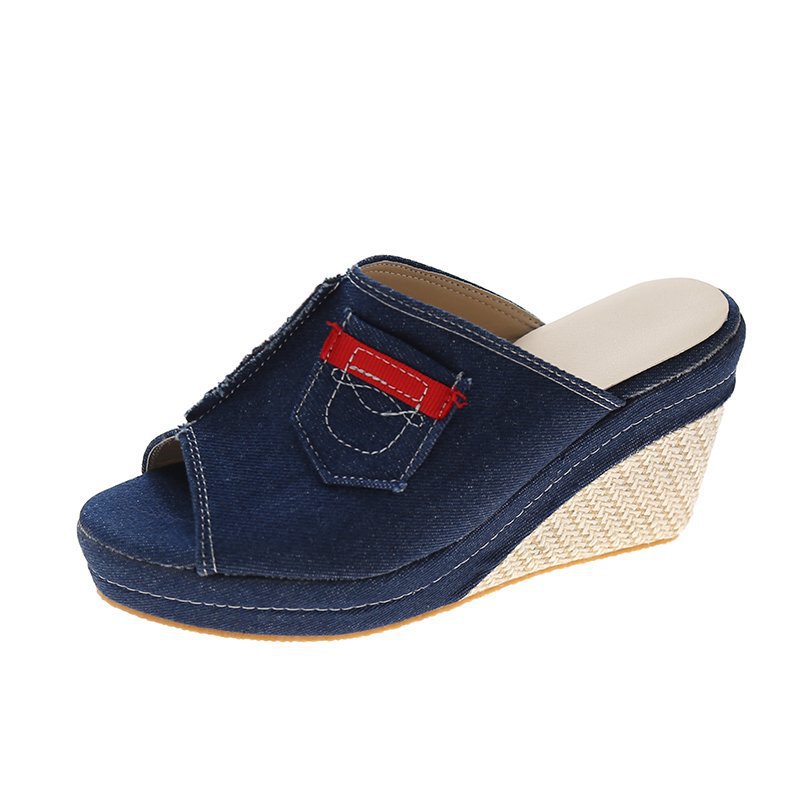 European and American Foreign trade plus size 35-45 sandals 2021 summer denim wedge peep toe slippers casual women's shoes