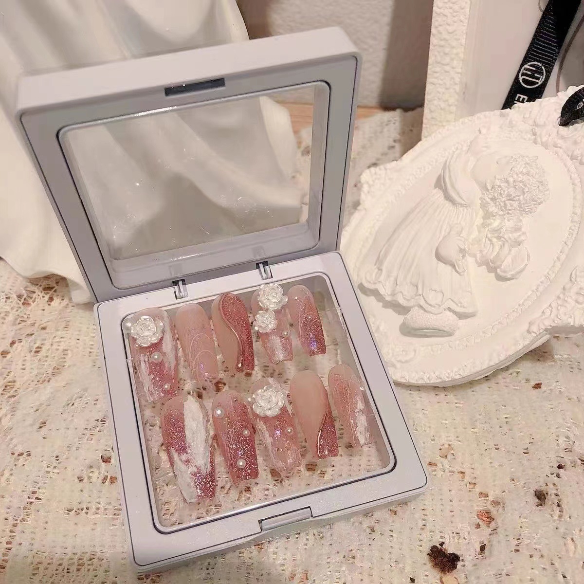Pure Handmade Phototherapy Wearing Nail Patch - Pink Camellia Design_voghion.com